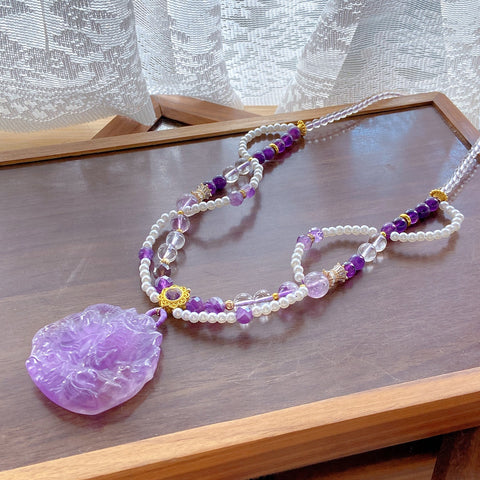 Amethyst Fox Pendant Necklace – Uruguayan & Bolivian Amethyst, Faceted Amethyst, White Crystal & Pearl Beads