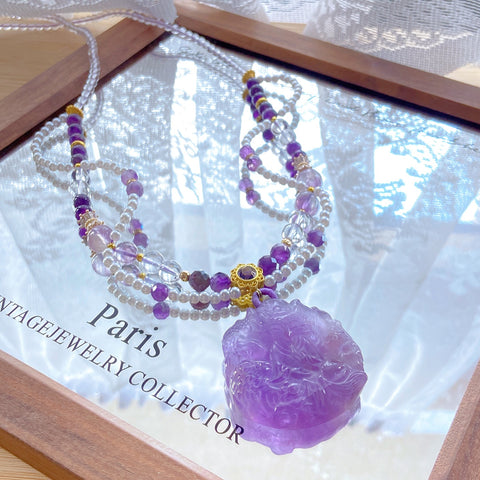 Amethyst Fox Pendant Necklace – Uruguayan & Bolivian Amethyst, Faceted Amethyst, White Crystal & Pearl Beads