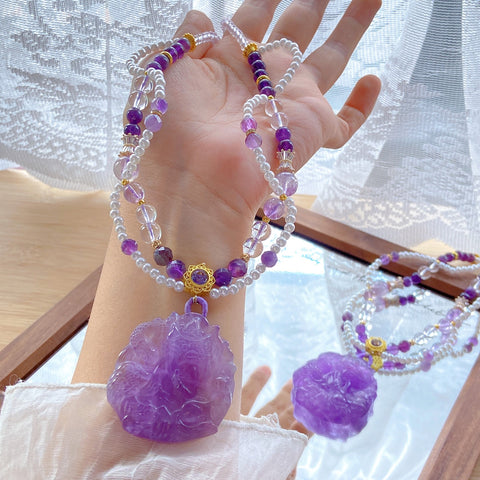 Amethyst Fox Pendant Necklace – Uruguayan & Bolivian Amethyst, Faceted Amethyst, White Crystal & Pearl Beads