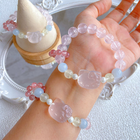 Rainbow Crystal Kitty Bracelet – Natural Rose Quartz, Amethyst, Fluorite, Citrine & Clear Quartz Healing Jewelry