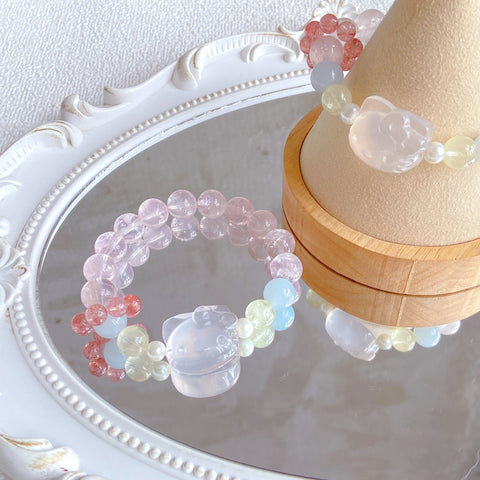 Rainbow Crystal Kitty Bracelet – Natural Rose Quartz, Amethyst, Fluorite, Citrine & Clear Quartz Healing Jewelry