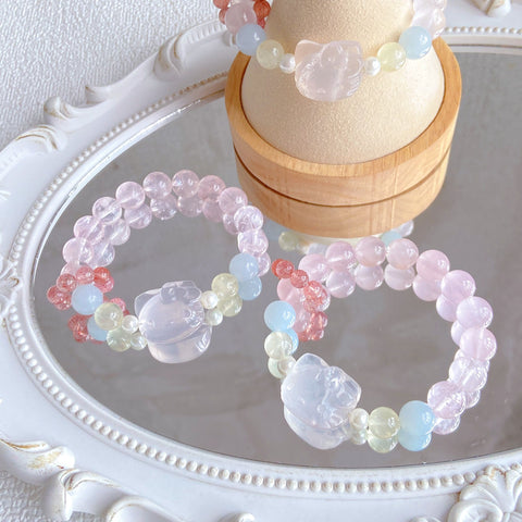 Rainbow Crystal Kitty Bracelet – Natural Rose Quartz, Amethyst, Fluorite, Citrine & Clear Quartz Healing Jewelry