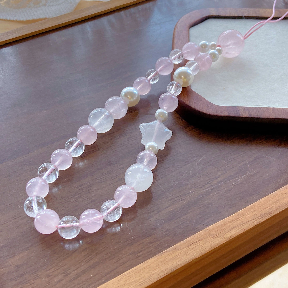 Pink Star Charm Pendant – White Phantom Star, Rose Quartz & Clear Quartz Beaded Accessory