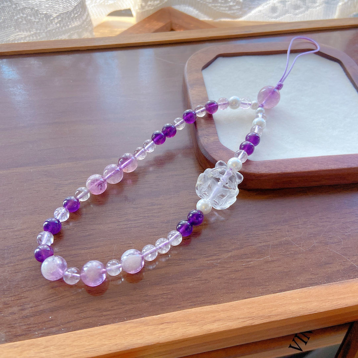 Amethyst Fox Pendant Charm – White Crystal Guardian Fox, Uruguayan & Bolivian Amethyst Beads Car Hanging