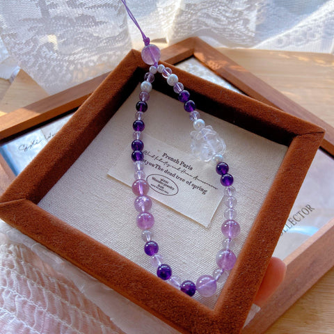 Amethyst Fox Pendant Charm – White Crystal Guardian Fox, Uruguayan & Bolivian Amethyst Beads Car Hanging