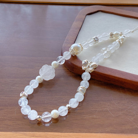 Clear Quartz Rose Pendant – Car Hanging Charm, 3D Carved Clear Quartz Rose Beads (7–8mm)