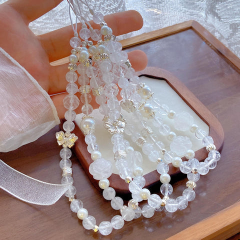 Clear Quartz Rose Pendant – Car Hanging Charm, 3D Carved Clear Quartz Rose Beads (7–8mm)