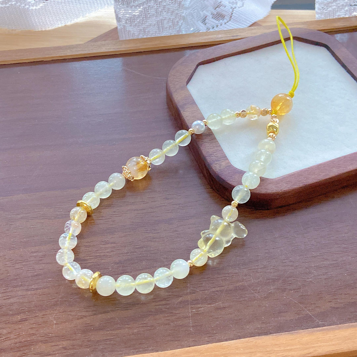 Citrine Bear Heart Charm – Lemon Quartz Balloon Bear Pendant, Yellow Tower Crystal Bead Car or Bag Hanging