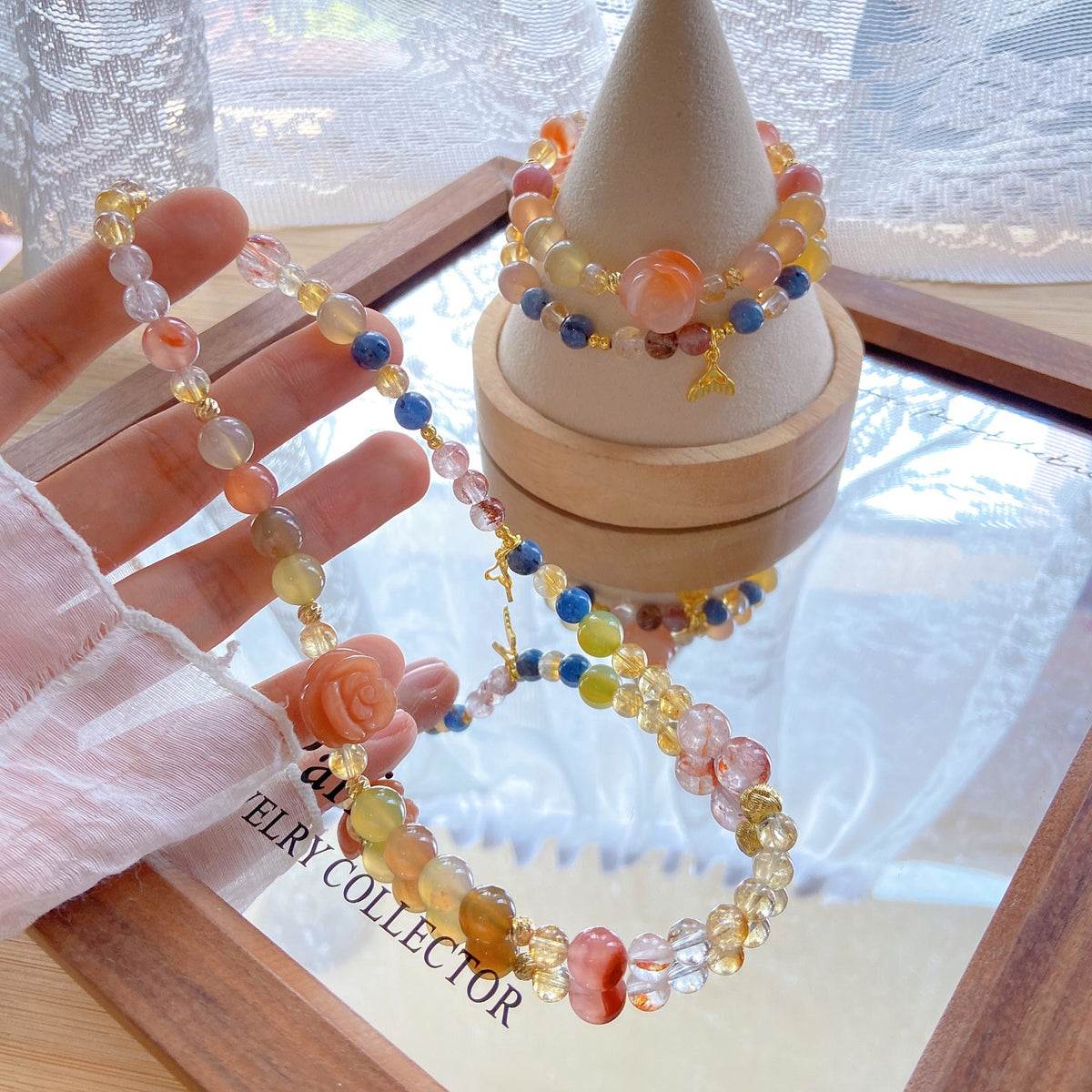 Ocean Blossom Double Circle Bracelet – Black Gold Super Seven, Salt Source Agate, Citrine, Kyanite & Red Agate Flower Beads