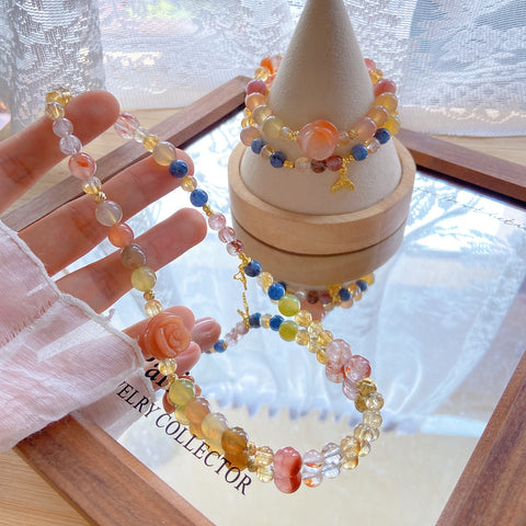 Ocean Blossom Double Circle Bracelet – Black Gold Super Seven, Salt Source Agate, Citrine, Kyanite & Red Agate Flower Beads