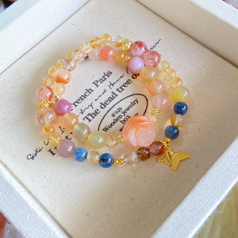 Ocean Blossom Double Circle Bracelet – Black Gold Super Seven, Salt Source Agate, Citrine, Kyanite & Red Agate Flower Beads