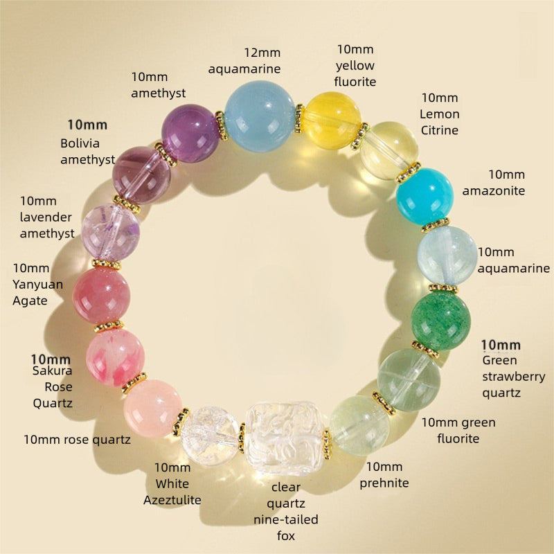 Nine-Tail Fox Duobao Bracelet – Natural Amethyst, Aquamarine & Crystal Beads Jewelry