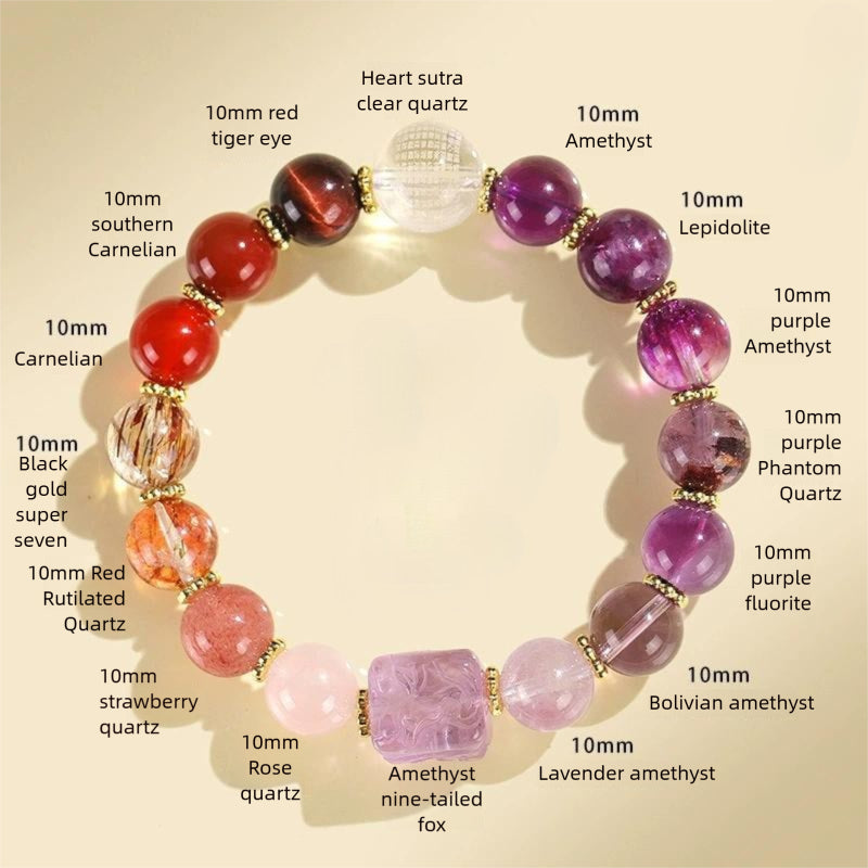 Nine-Tail Fox Duobao Bracelet – Natural Amethyst, Aquamarine & Crystal Beads Jewelry