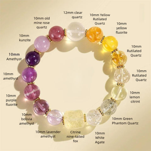 Nine-Tail Fox Duobao Bracelet – Natural Amethyst, Aquamarine & Crystal Beads Jewelry