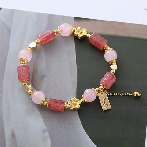 Sweet Strawberry Quartz Bracelet for Women - Pink Crystal 3D Little Hearts, Love at First Sight Hand Jewelry