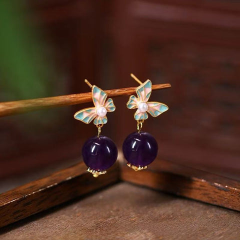 Handmade Natural Amethyst Crystal Earrings – Original Retro Chinese Style with Elegant Luxury