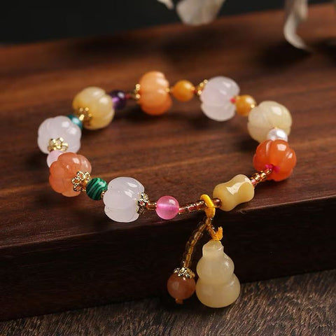 Golden Jade w/MIXED STONE - shaped Bead Bracelet for girls- Retro Ethnic - style Pi Xiu, Gourd and Pumpkin - themed Five - color Jade Hand - string