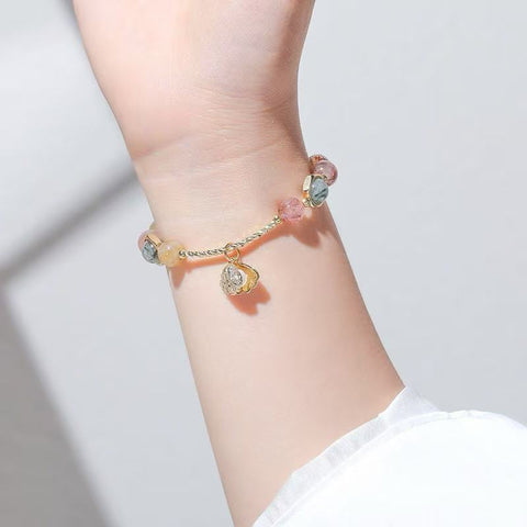 Colorful Extravaganza Women's Natural Color Rutilated Quartz Hand Chain - Fortune - bringing Candy - Rainbow Scallop Design, Ins - style Zibo Ceramics and Glass Beaded Bracelet