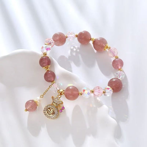 Strawberry Quartz Beaded Hand Chain for Females - Natural Stone with Unique Money - bag Pendant, High - end Niche Jewelry