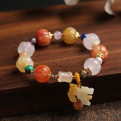 Golden Jade w/MIXED STONE - shaped Bead Bracelet for girls- Retro Ethnic - style Pi Xiu, Gourd and Pumpkin - themed Five - color Jade Hand - string