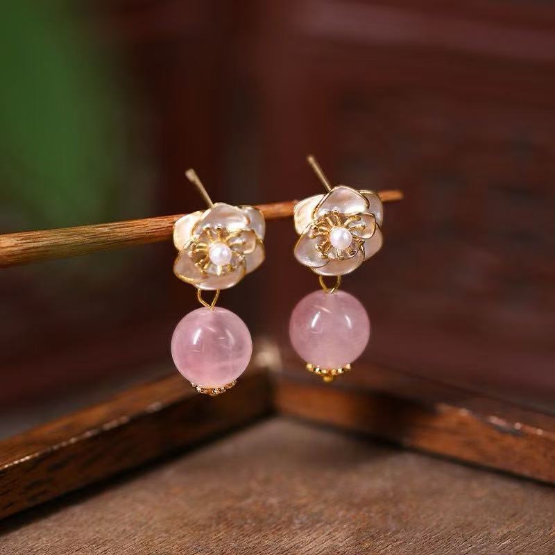 Handmade Natural Citrine Rose quartz Crystal Earrings – Original Retro Chinese Style with Elegant Luxury