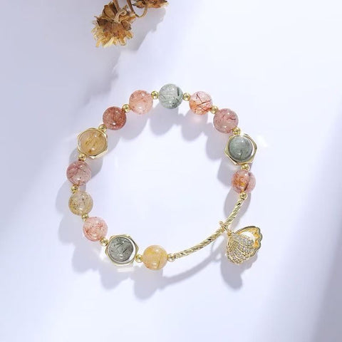 Colorful Extravaganza Women's Natural Color Rutilated Quartz Hand Chain - Fortune - bringing Candy - Rainbow Scallop Design, Ins - style Zibo Ceramics and Glass Beaded Bracelet