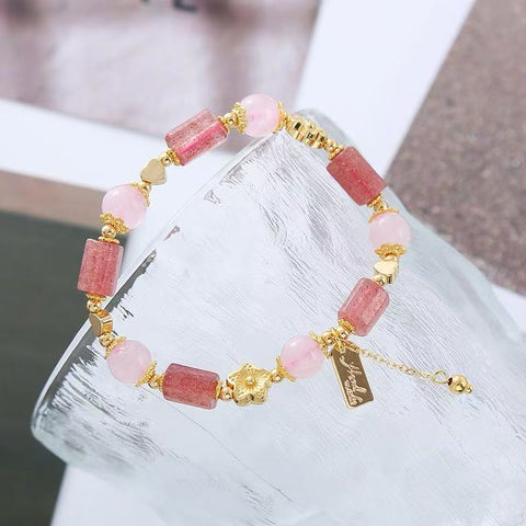 Sweet Strawberry Quartz Bracelet for Women - Pink Crystal 3D Little Hearts, Love at First Sight Hand Jewelry
