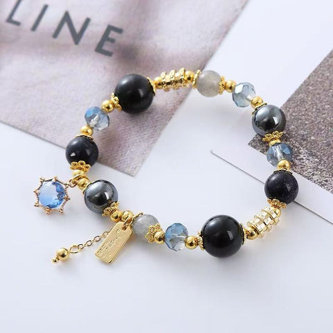 Obsidian Crystal Hand Chain for Ladies - Sparkling Black Gallstone and Dazzling Blue Sandstone Galaxy - inspired Jewelry