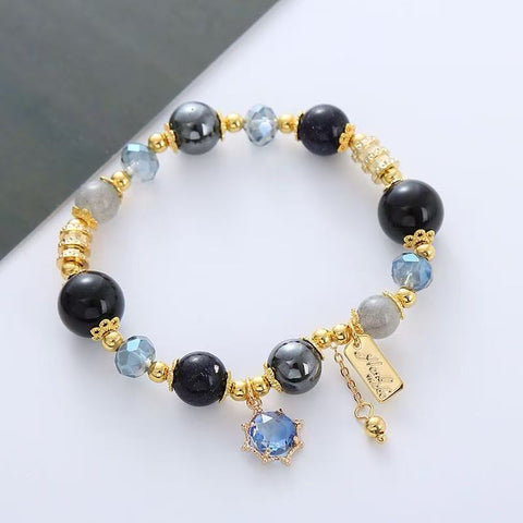 Obsidian Crystal Hand Chain for Ladies - Sparkling Black Gallstone and Dazzling Blue Sandstone Galaxy - inspired Jewelry