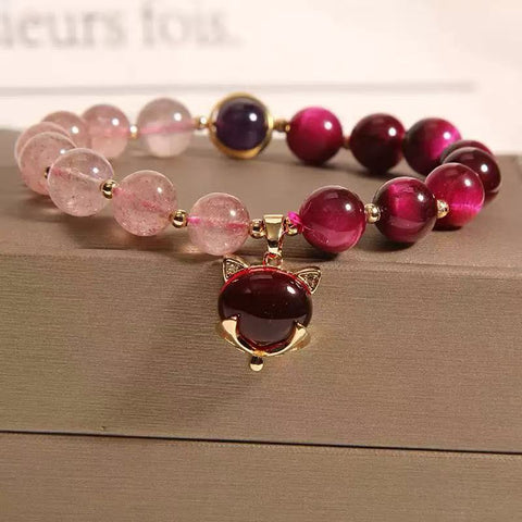 Natural Strawberry Quartz & Tiger's Eye Crystal Bracelet - In - style and Niche Creative Design with Pi Xiu Beads - Ideal Handmade Gift