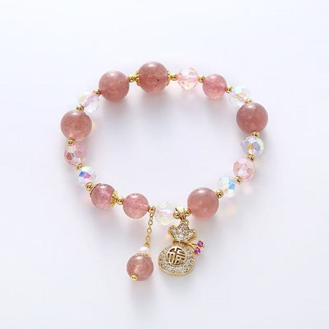 Strawberry Quartz Beaded Hand Chain for Females - Natural Stone with Unique Money - bag Pendant, High - end Niche Jewelry