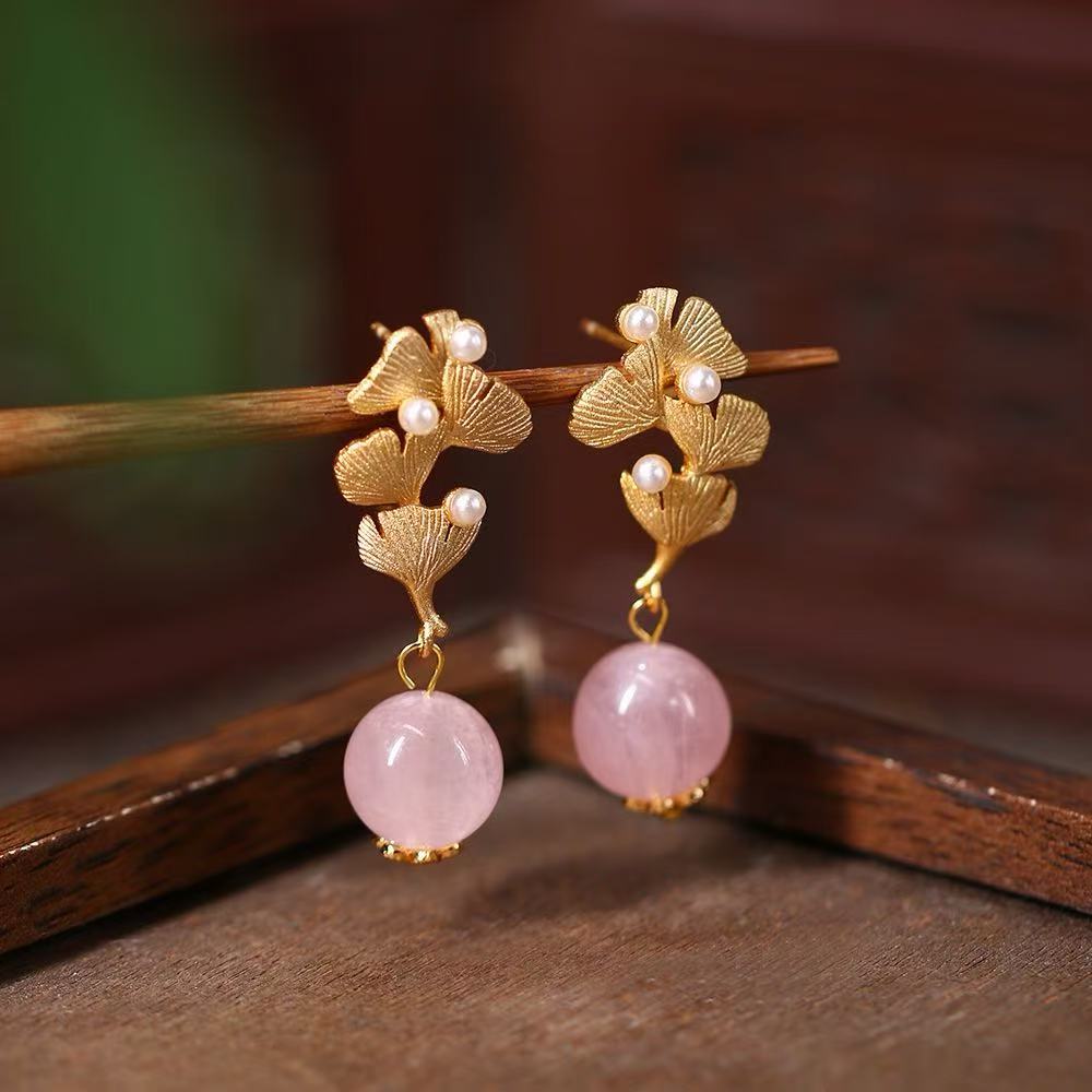 Handmade Natural Rose Quartz Crystal Earrings – Original Retro Chinese Style with Elegant Luxury