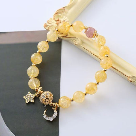 Ins - style Creative Design: Natural Golden Rutilated Quartz & Strawberry Quartz Bracelet with Zircon - set Beads