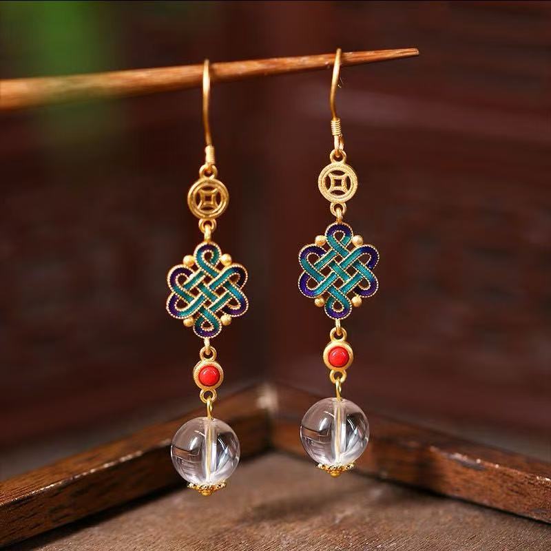 Handmade Natural Citrine Crystal Earrings – Original Retro Chinese Style with Elegant Luxury