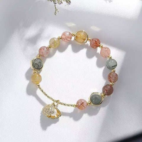 Colorful Extravaganza Women's Natural Color Rutilated Quartz Hand Chain - Fortune - bringing Candy - Rainbow Scallop Design, Ins - style Zibo Ceramics and Glass Beaded Bracelet
