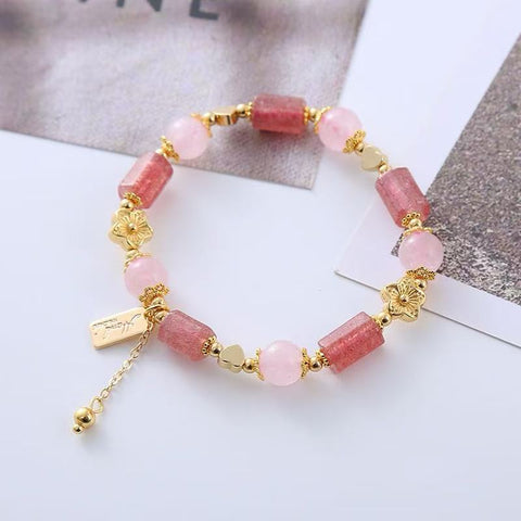 Sweet Strawberry Quartz Bracelet for Women - Pink Crystal 3D Little Hearts, Love at First Sight Hand Jewelry