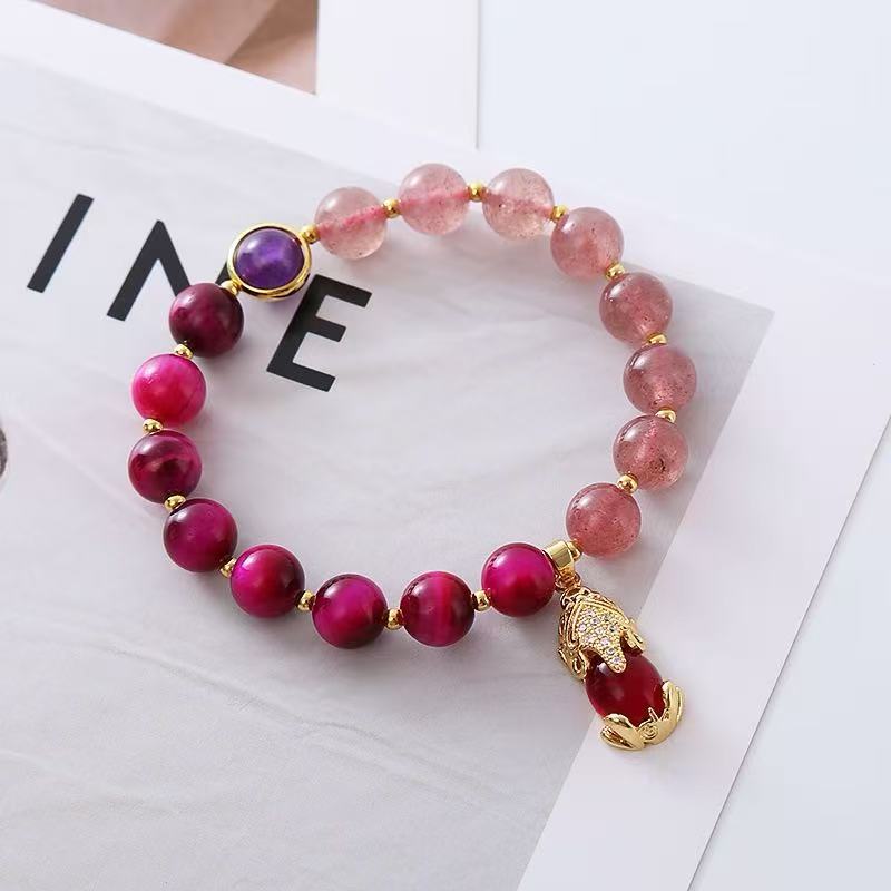 Natural Strawberry Quartz & Tiger's Eye Crystal Bracelet - In - style and Niche Creative Design with Pi Xiu Beads - Ideal Handmade Gift