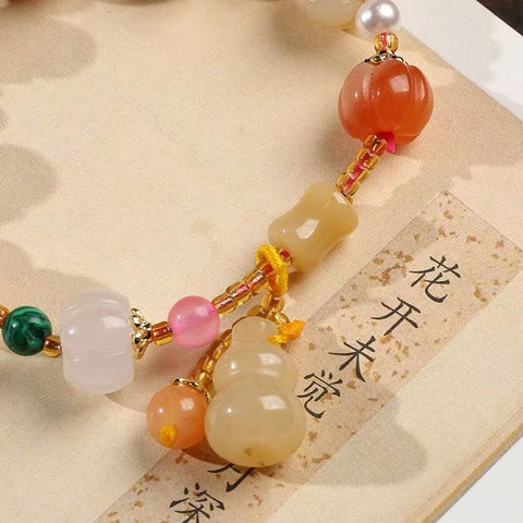 Golden Jade w/MIXED STONE - shaped Bead Bracelet for girls- Retro Ethnic - style Pi Xiu, Gourd and Pumpkin - themed Five - color Jade Hand - string