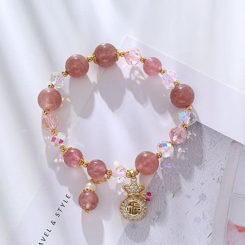 Strawberry Quartz Beaded Hand Chain for Females - Natural Stone with Unique Money - bag Pendant, High - end Niche Jewelry