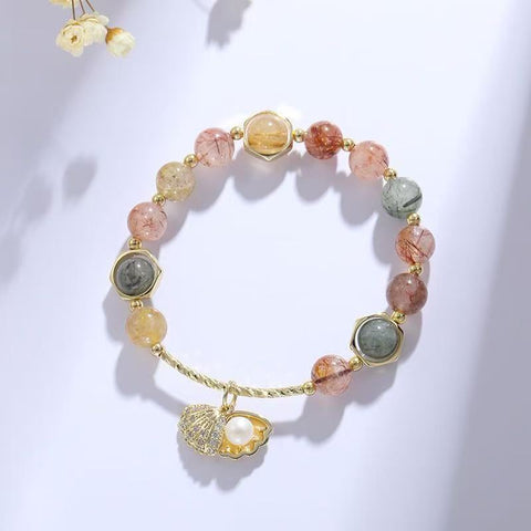 Colorful Extravaganza Women's Natural Color Rutilated Quartz Hand Chain - Fortune - bringing Candy - Rainbow Scallop Design, Ins - style Zibo Ceramics and Glass Beaded Bracelet