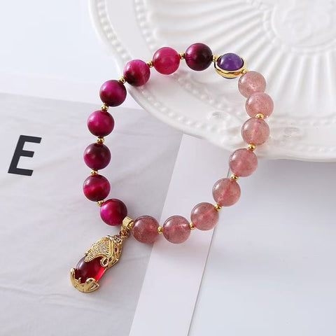 Natural Strawberry Quartz & Tiger's Eye Crystal Bracelet - In - style and Niche Creative Design with Pi Xiu Beads - Ideal Handmade Gift