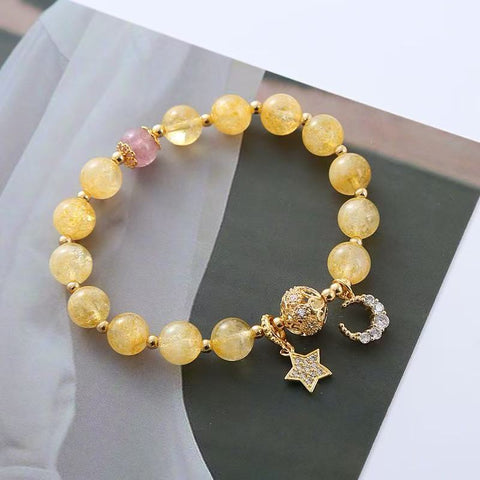 Ins - style Creative Design: Natural Golden Rutilated Quartz & Strawberry Quartz Bracelet with Zircon - set Beads
