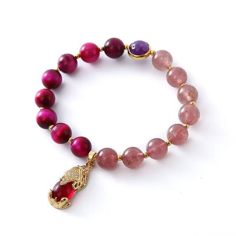 Natural Strawberry Quartz & Tiger's Eye Crystal Bracelet - In - style and Niche Creative Design with Pi Xiu Beads - Ideal Handmade Gift