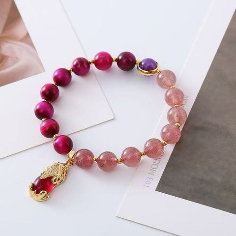 Natural Strawberry Quartz & Tiger's Eye Crystal Bracelet - In - style and Niche Creative Design with Pi Xiu Beads - Ideal Handmade Gift
