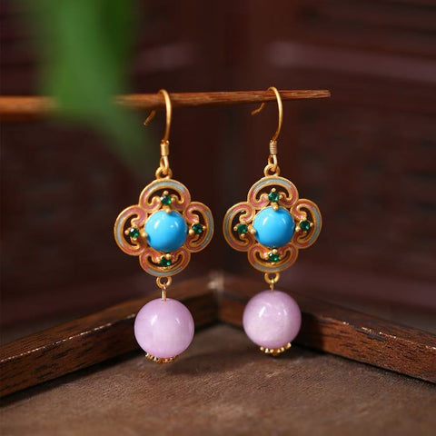 Handmade Natural Kunzite Crystal Earrings – Original Retro Chinese Style with Elegant Luxury