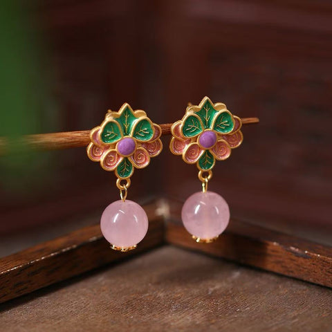 Handmade Natural Rose Quartz Crystal Earrings – Original Retro Chinese Style with Elegant Luxury