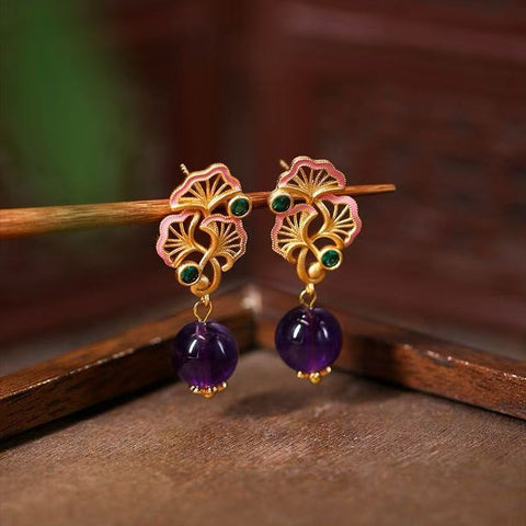 Handmade Natural Amethyst Crystal Earrings – Original Retro Chinese Style with Elegant Luxury