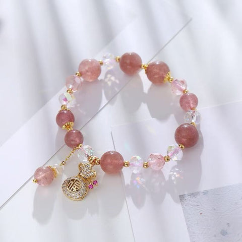 Strawberry Quartz Beaded Hand Chain for Females - Natural Stone with Unique Money - bag Pendant, High - end Niche Jewelry