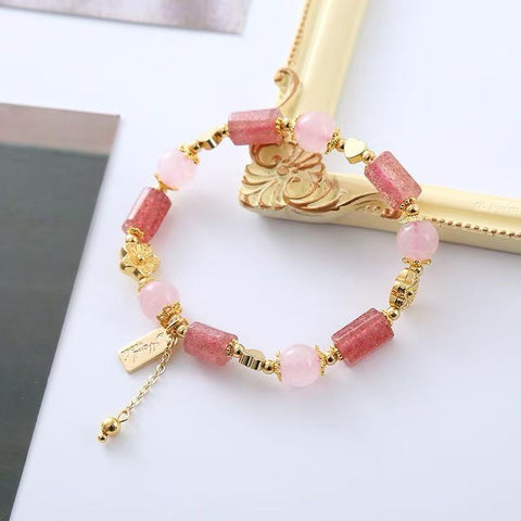 Sweet Strawberry Quartz Bracelet for Women - Pink Crystal 3D Little Hearts, Love at First Sight Hand Jewelry