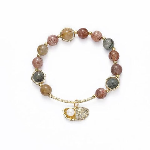 Colorful Extravaganza Women's Natural Color Rutilated Quartz Hand Chain - Fortune - bringing Candy - Rainbow Scallop Design, Ins - style Zibo Ceramics and Glass Beaded Bracelet